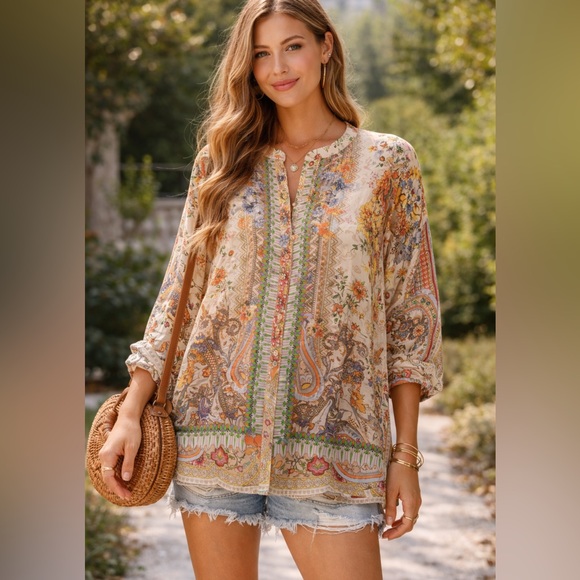 Johnny Was Tops - Johnny Was 100% Silk Button Down Tunic- S